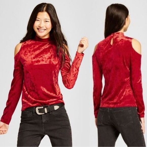 Mossimo Cold Shoulder Mock Neck Crushed Velour Red Top XXL - Picture 1 of 8